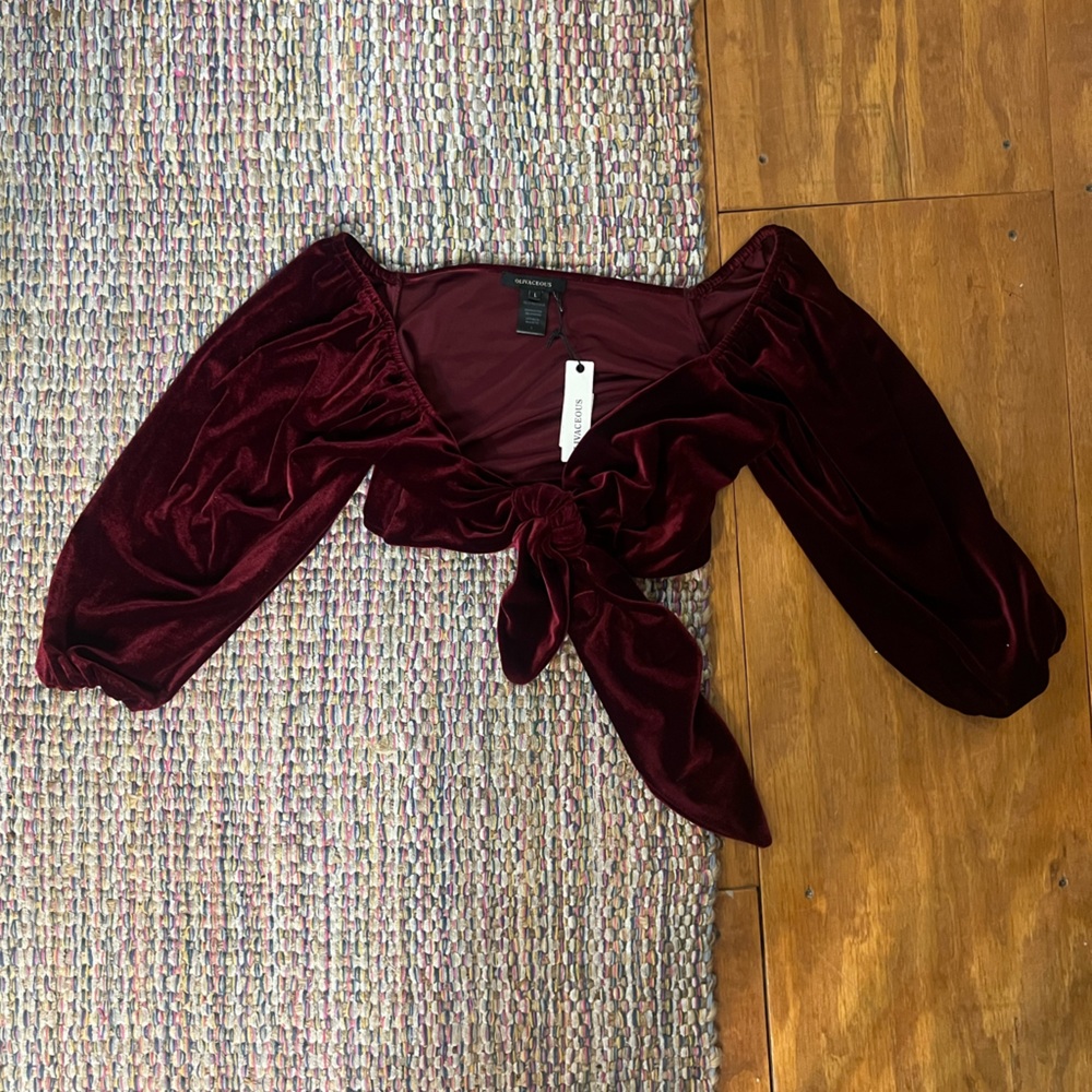 Olivaceous Deep Red Velvet Wrap Shrug Crop Top
